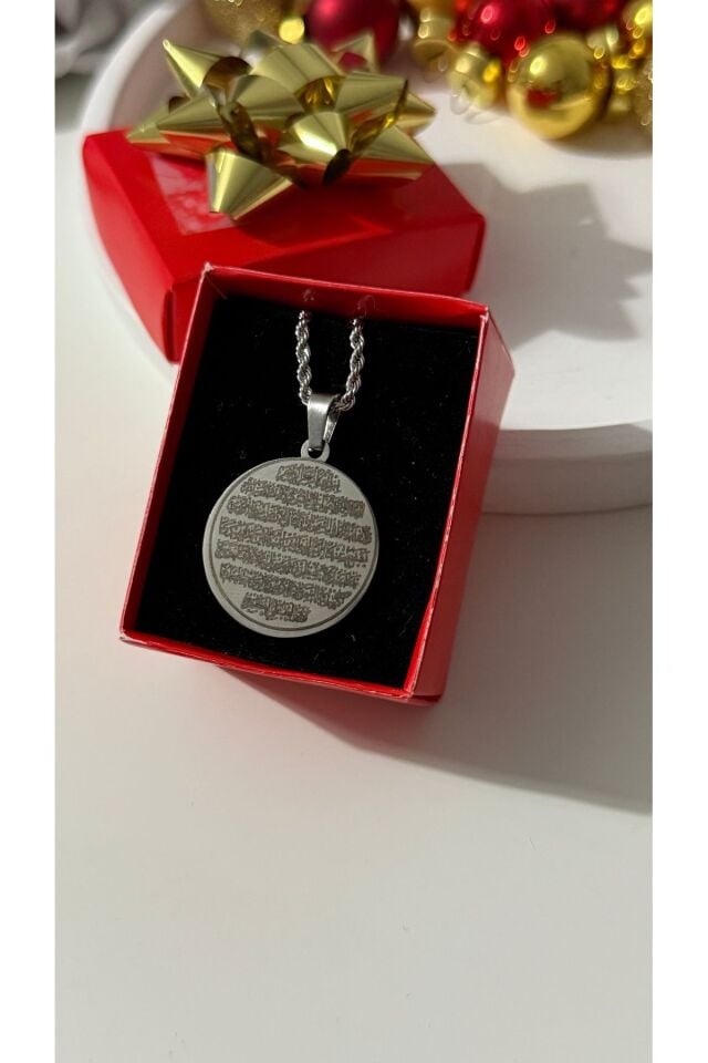 Gümüş renk çelik ayetel kürsi dua kolye