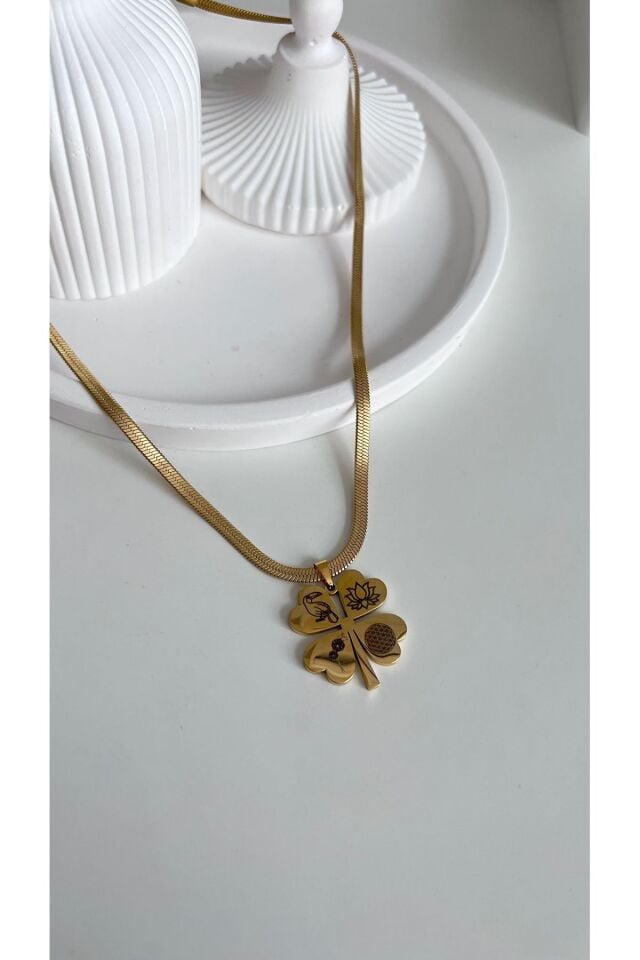 Çelik İtalyan yassı zincirli tukan ve diğer sembollü sayı sekanslı yonca kolye