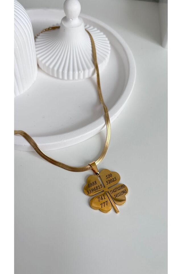 Çelik italyan yassı zincirli tukan kuşu sembollü ve sayı sekanslı yonca kolye