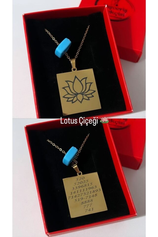 Lotus Çiçeği Kare Boncuklu Çelik Plaka Kolye