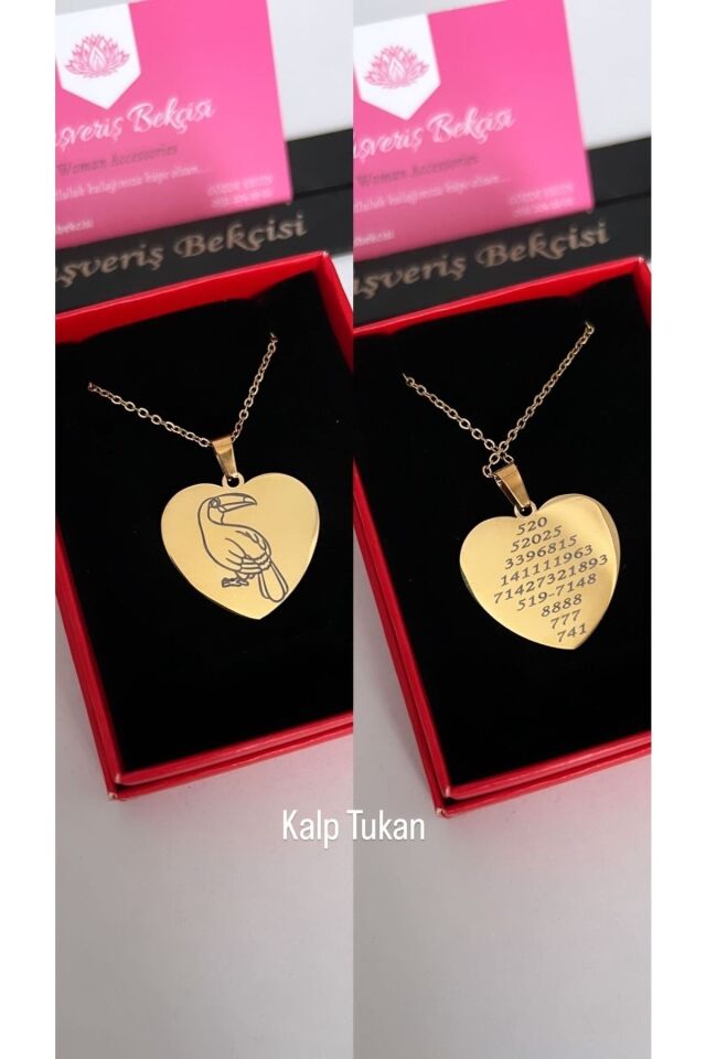 Tukan Kuşu Ve Sayı Sekanslı Kalp Plaka Kolye