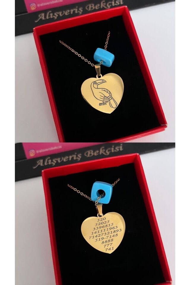 Tukan Kuşu Ve Sayı Sekanslı Boncuklu Çelik Kalp Kolye