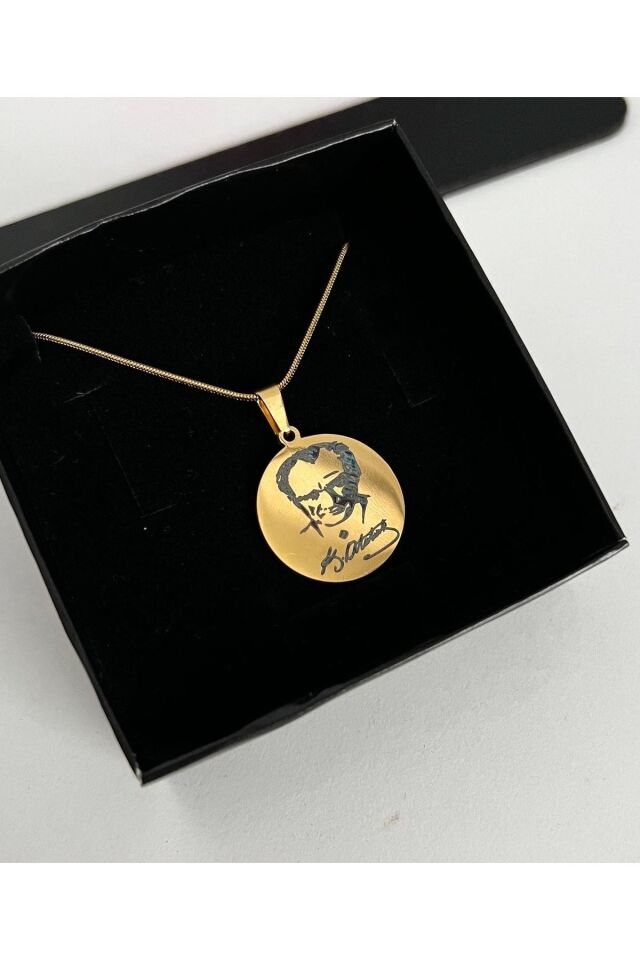 Atatürk Portreli Imzali Celik Kolye