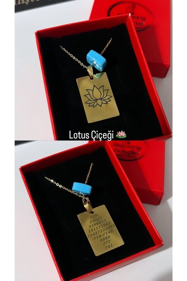 Lotus Çiçeği Dikdörtgen Boncuklu Çelik Plaka Kolye