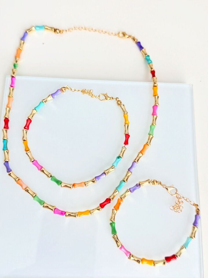 3'lü Renkli Boncuklu Kolye Bileklik Halhal Set
