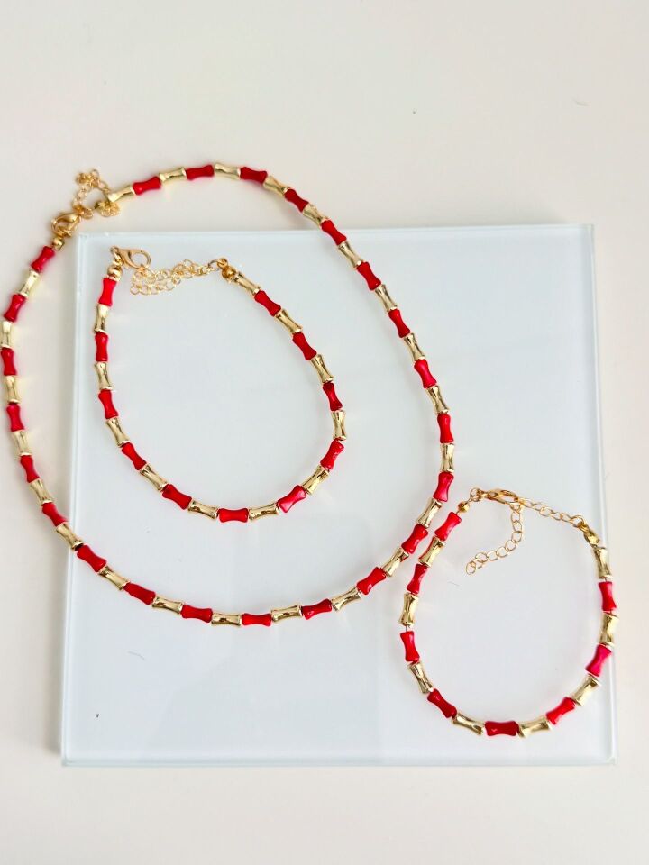 Kırmızı Boncuklu Kolye Bileklik Halhal Seti