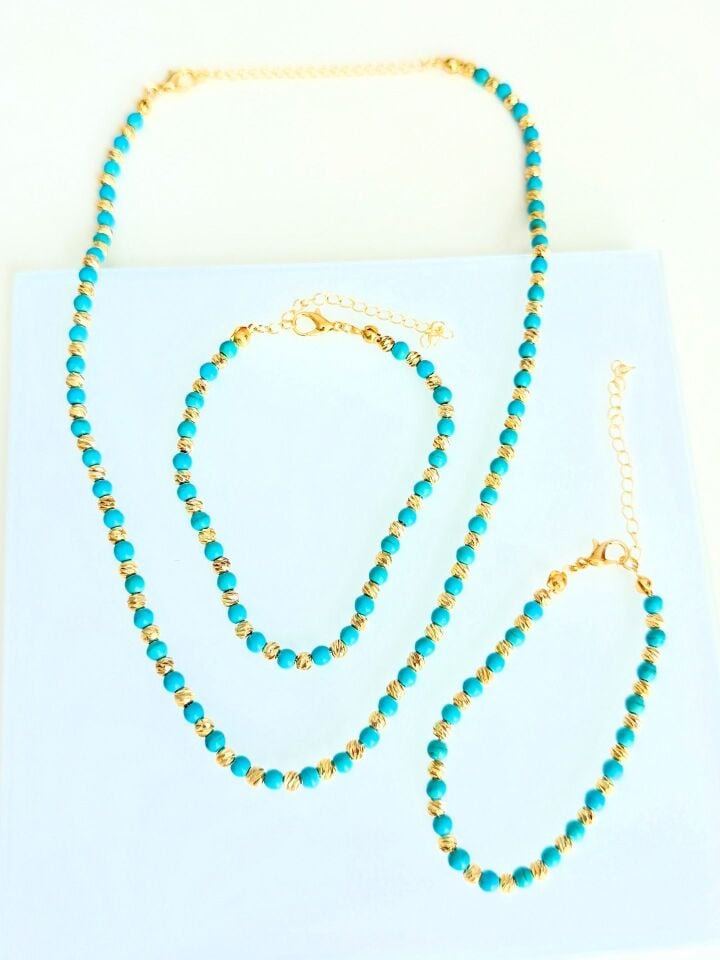 Turkuaz Renkli Boncuklu Kolye Bileklik Halhal Seti